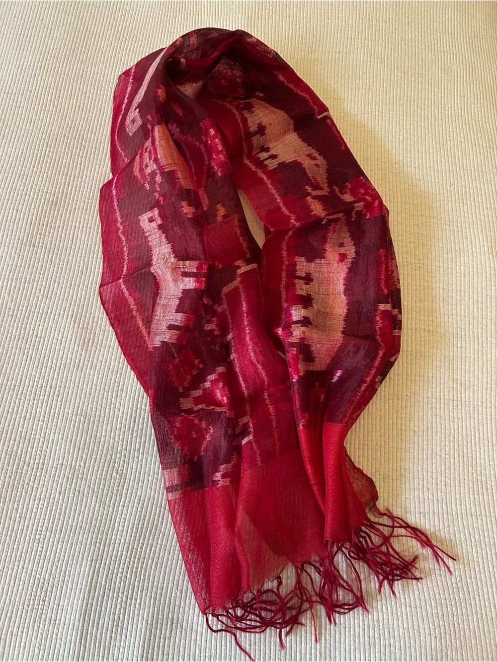 Vintage Handwoven Cambodian Silk Ikat Scarf Burgundy Fringe 56”